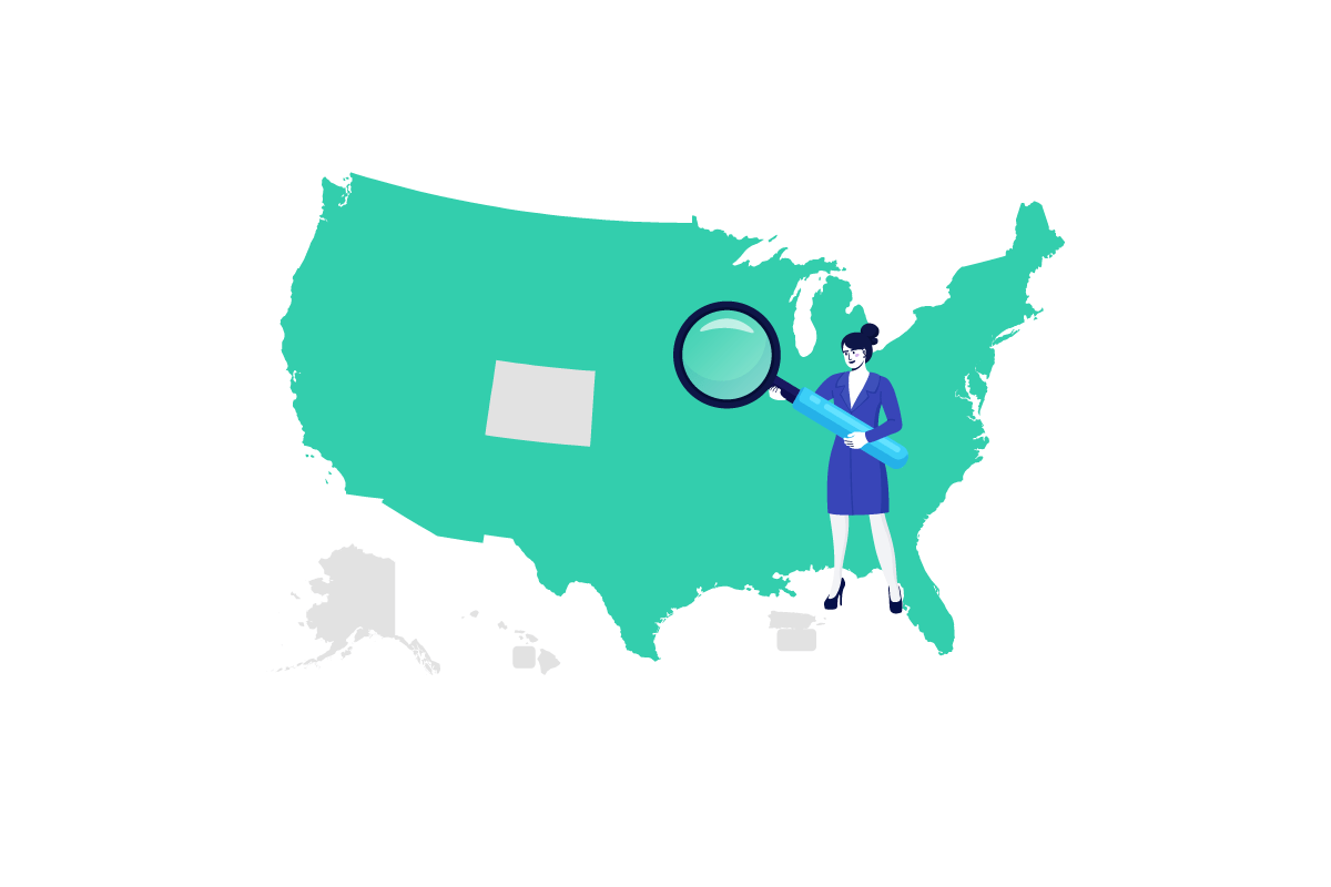 Illustration of a woman standing with a magnifying glass in front of a USA map