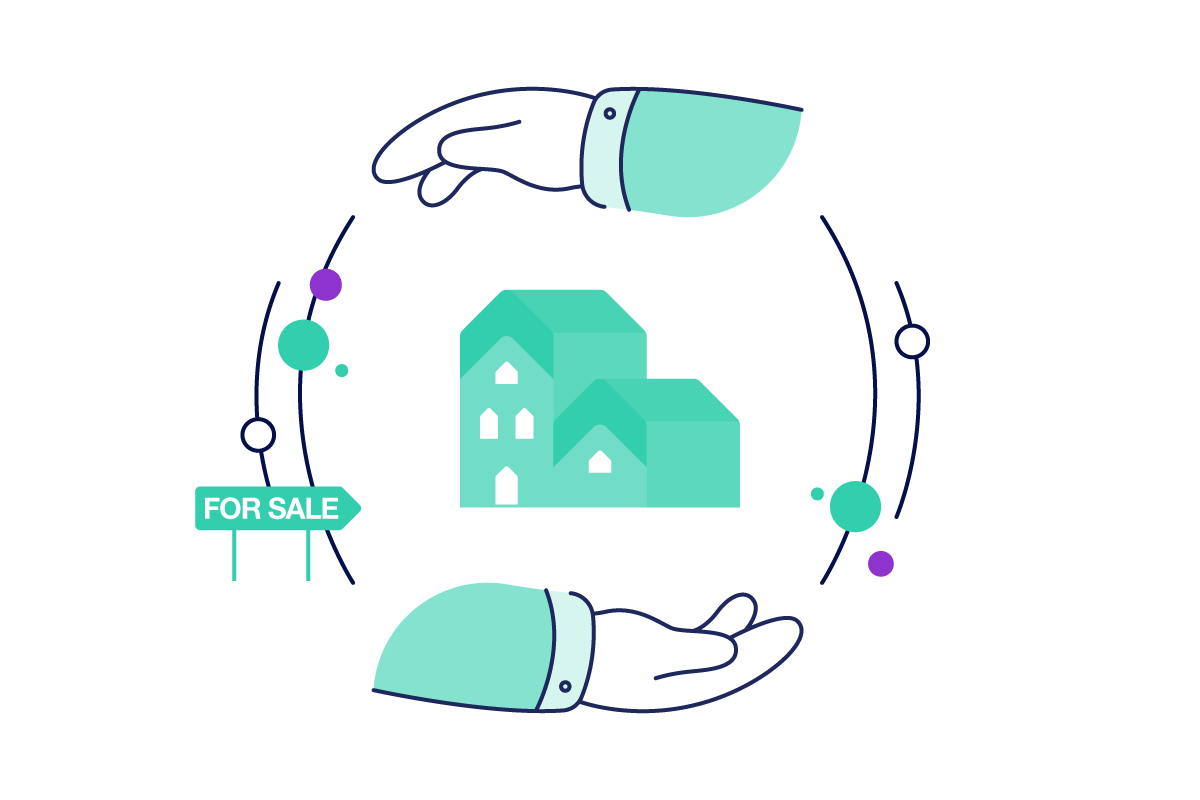 Illustration of two hands with a house in the middle and a "FOR SALE" sign