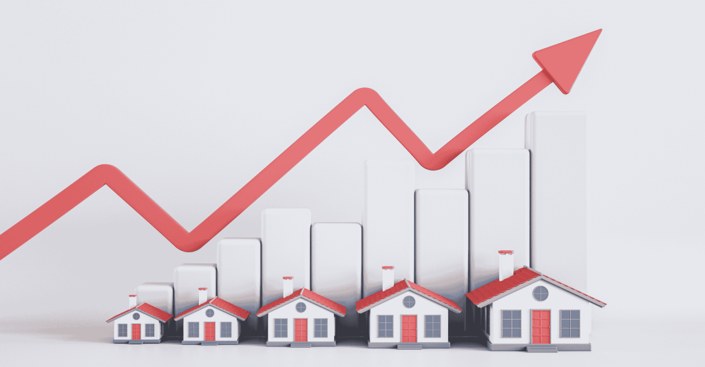 Row of increasing house models in front of bar chart with red upward arrow, symbolizing rising home prices and market growth.