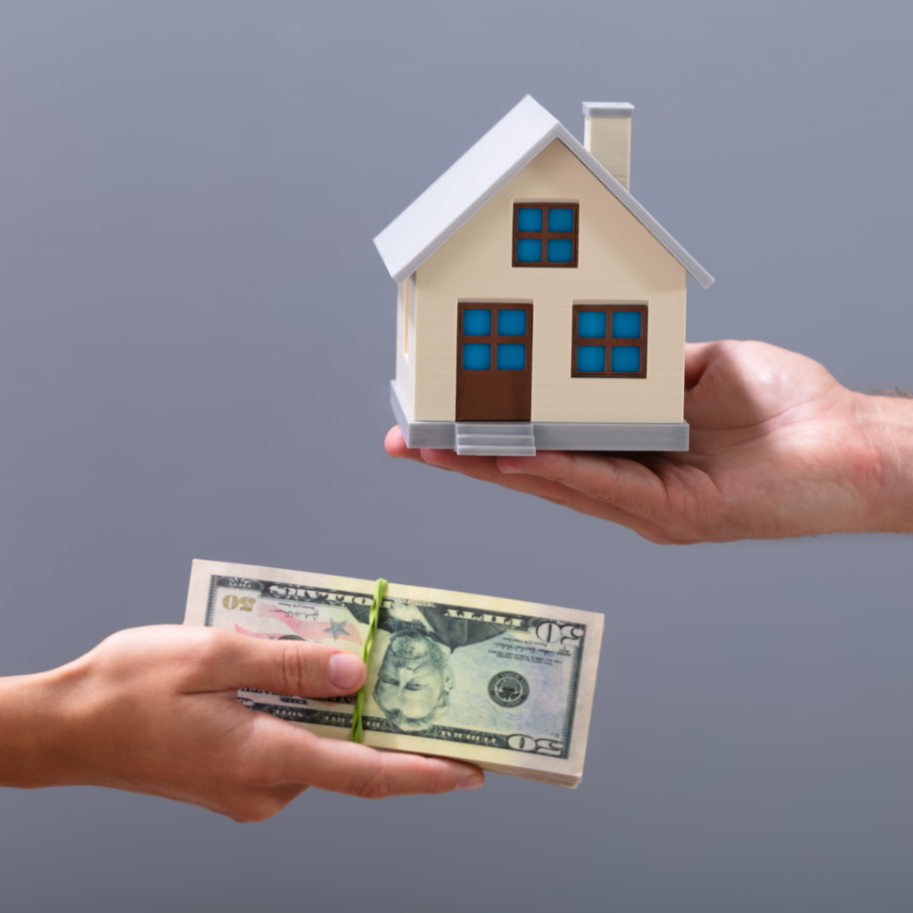 Beige stucco house with a front porch and steps, showing a red 'Foreclosure For Sale' sign on the lawn.