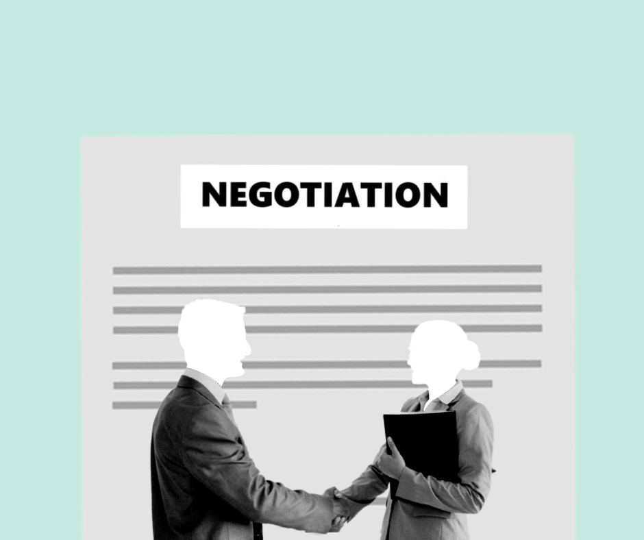 Illustration of two business professionals shaking hands in front of a large document labeled 'NEGOTIATION,' symbolizing agreement and deal-making.