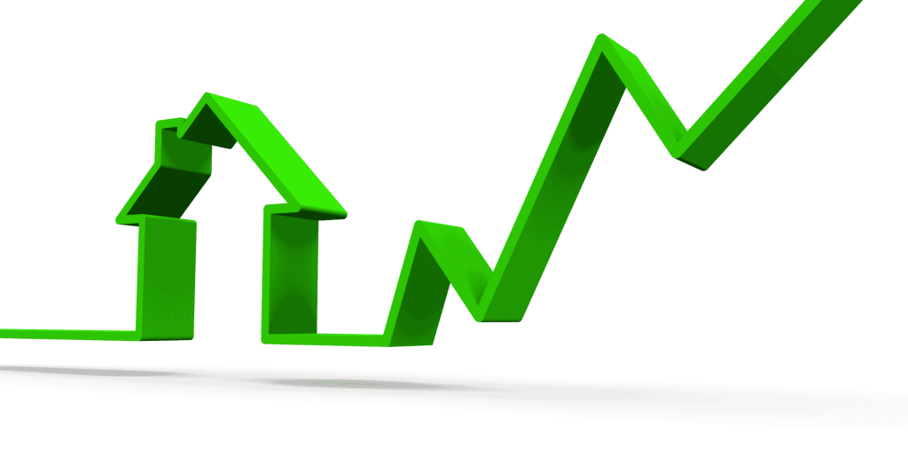 Green upward arrow forming the shape of a house, symbolizing rising home values and growth in the housing market.