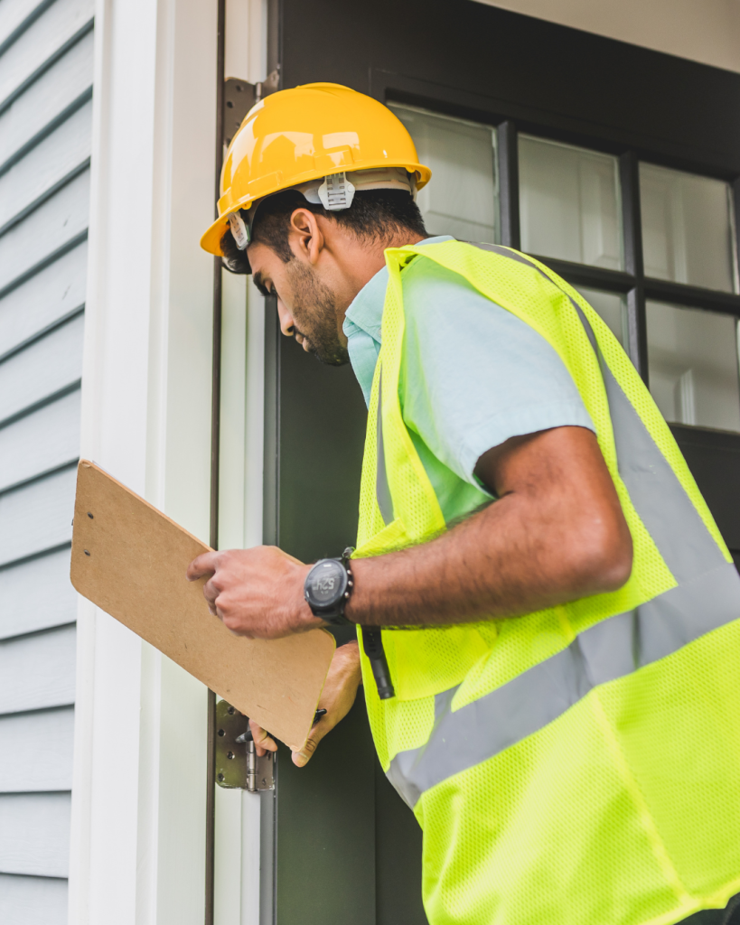 A home inspector wearing a yellow hard hat and safety vest examines a door hinge while taking notes on a clipboard during a property inspection.