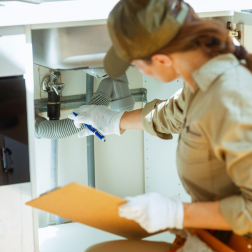 Home inspector examining plumbing under the sink while holding a clipboard during a property inspection.