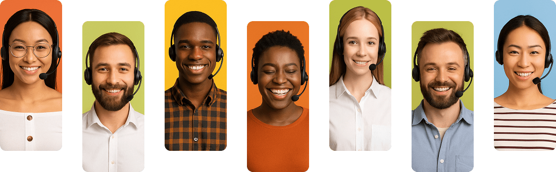 Collage of friendly customer support representatives shown on vibrant, colorful backgrounds.