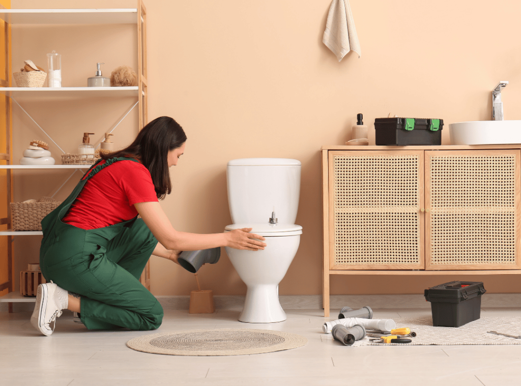 woman examining toilet and water conditions during home inspection