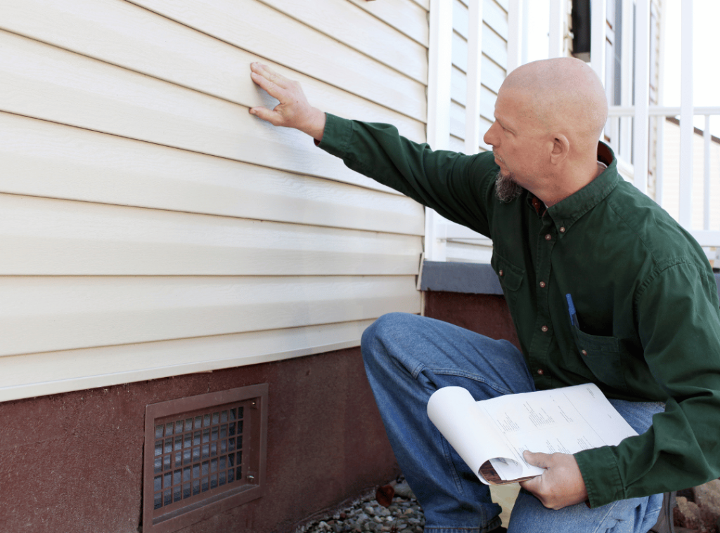 man assessing walls and vent conditions during home inspection