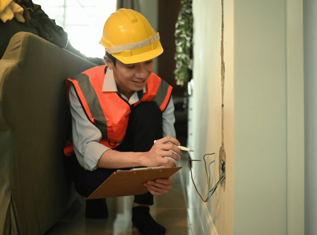 man inspecting electric outlets and connections during home inspection