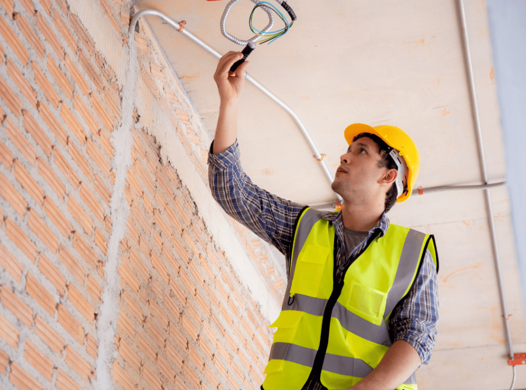 man inspecting roof and electric wire connections during house inspection