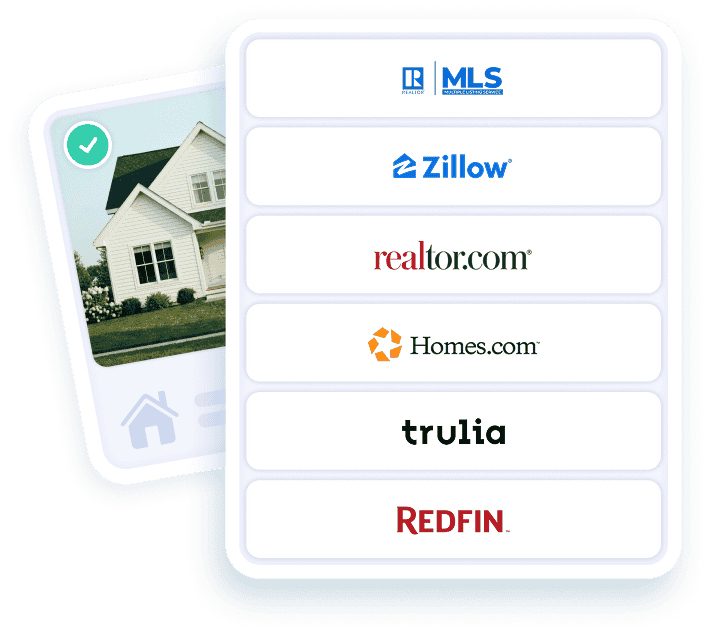 Smartphone with real estate website logos on screen and a house behind it.
